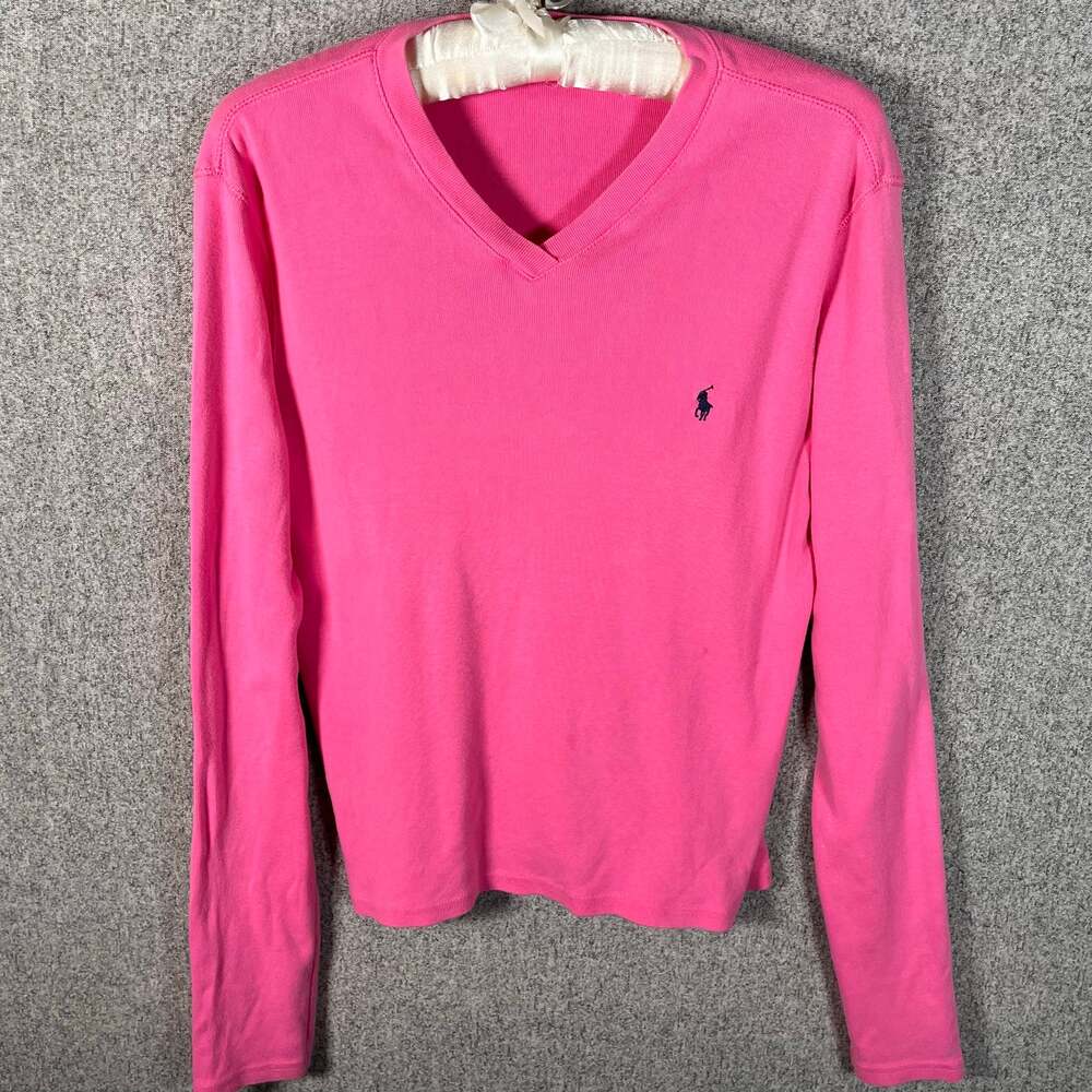 VTG Y2K Pink Preppy Ralph Lauren Sport Polo Logo Womens Longsleeve V-Neck Sz M